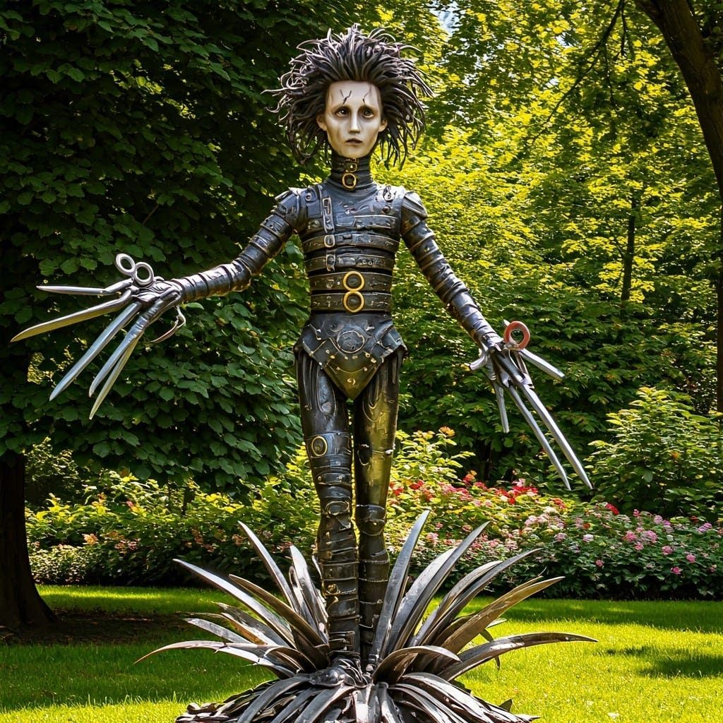 Cyberpunk Edward Scissorhands Statue in Vibrant Park