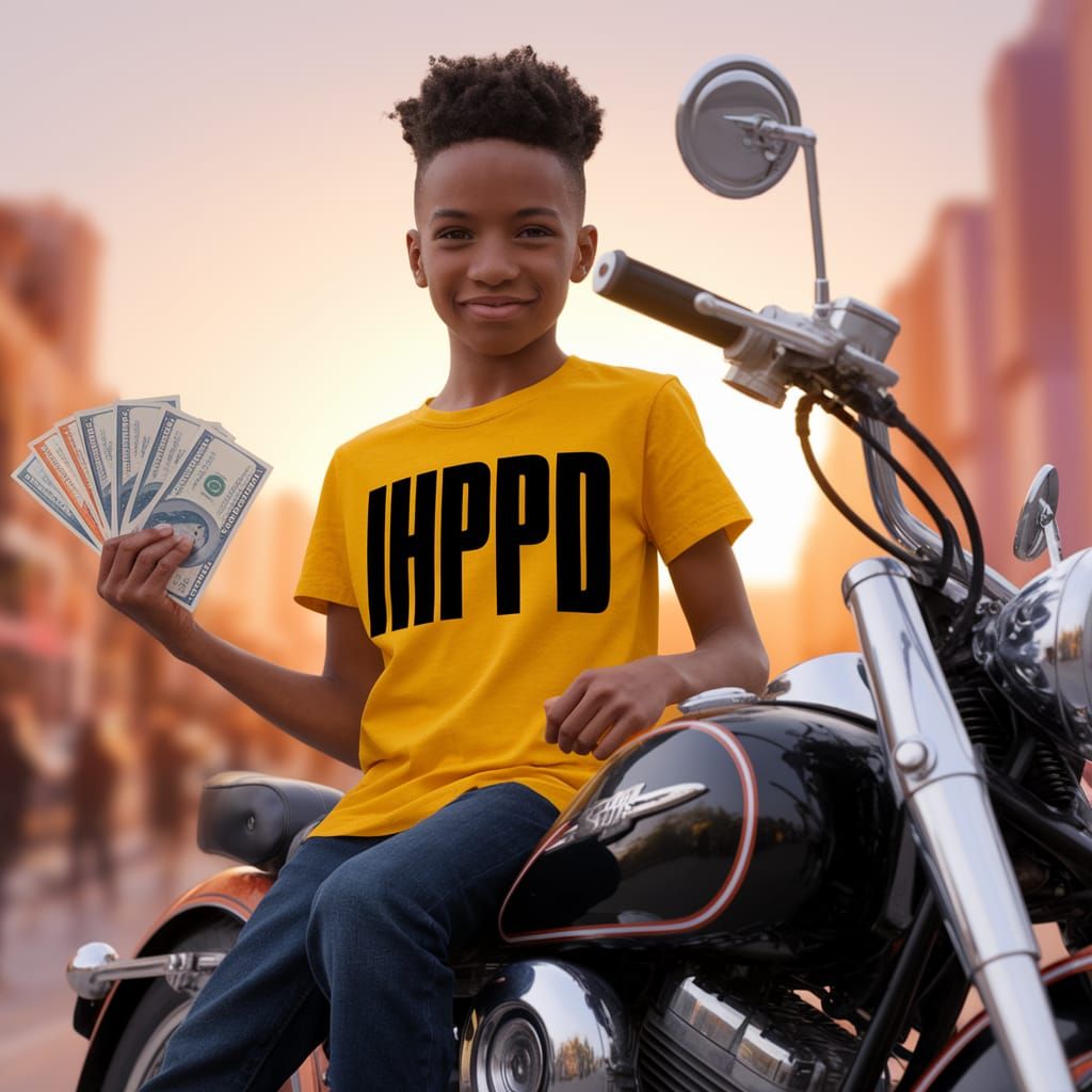 Confident Young Boy on Vintage Motorcycle with Bright Yellow...
