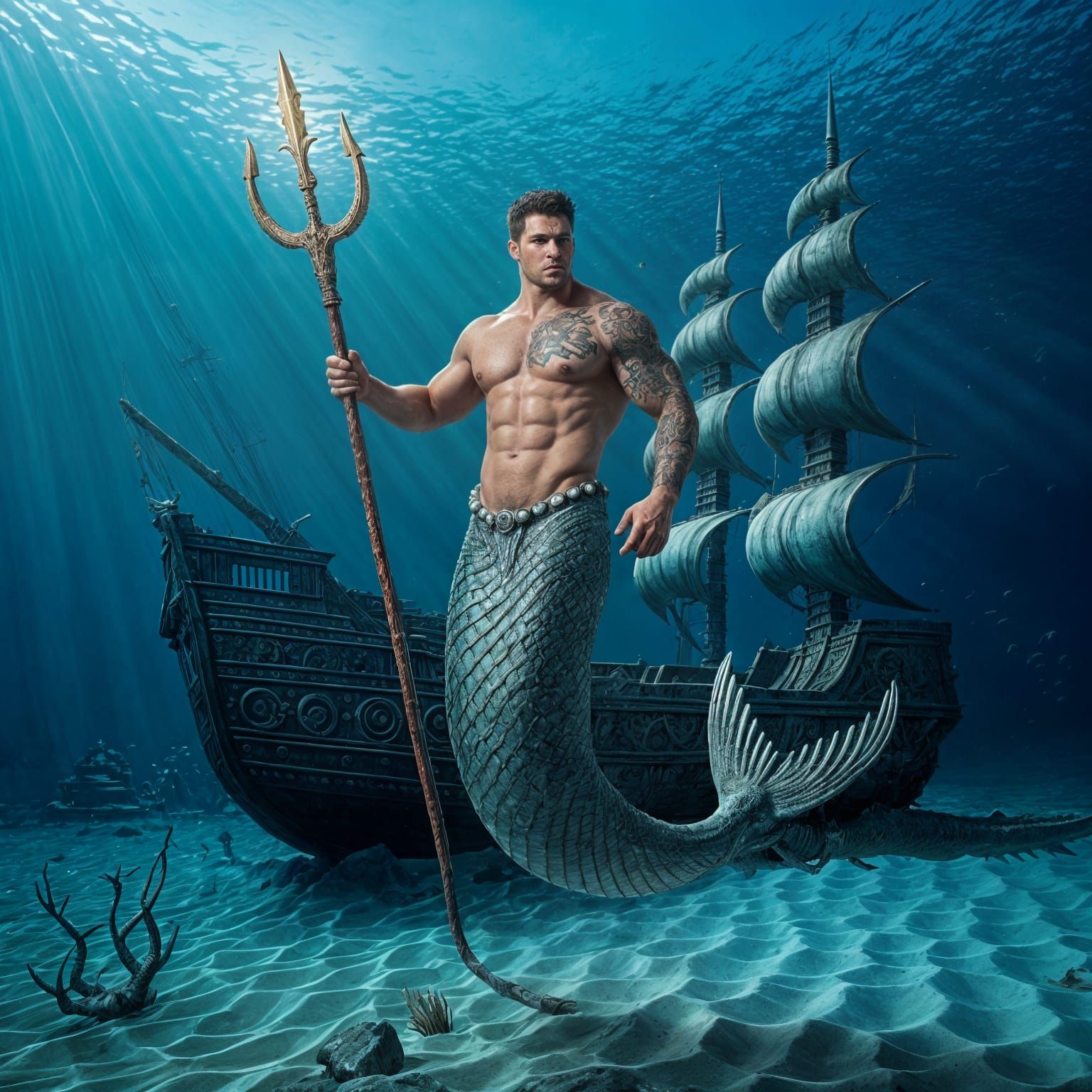 Merman with Trident on Sunken Galleon