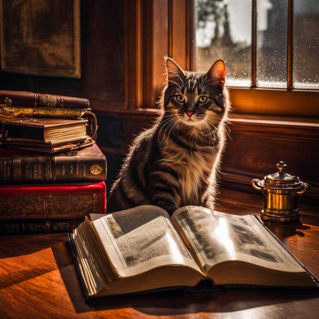 an evening cup of tea, an open book, and a cat