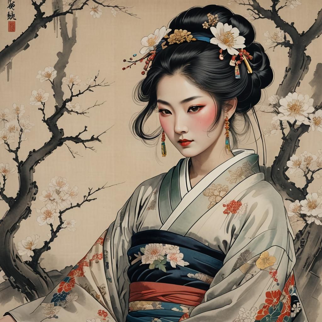 Elegant Artist in Kimono, Fantasy Concept Art