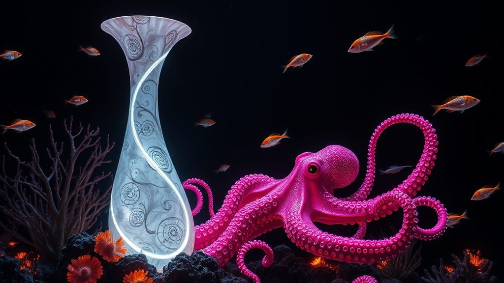 Bioluminescent Octopus in Fiery Fractal Ocean