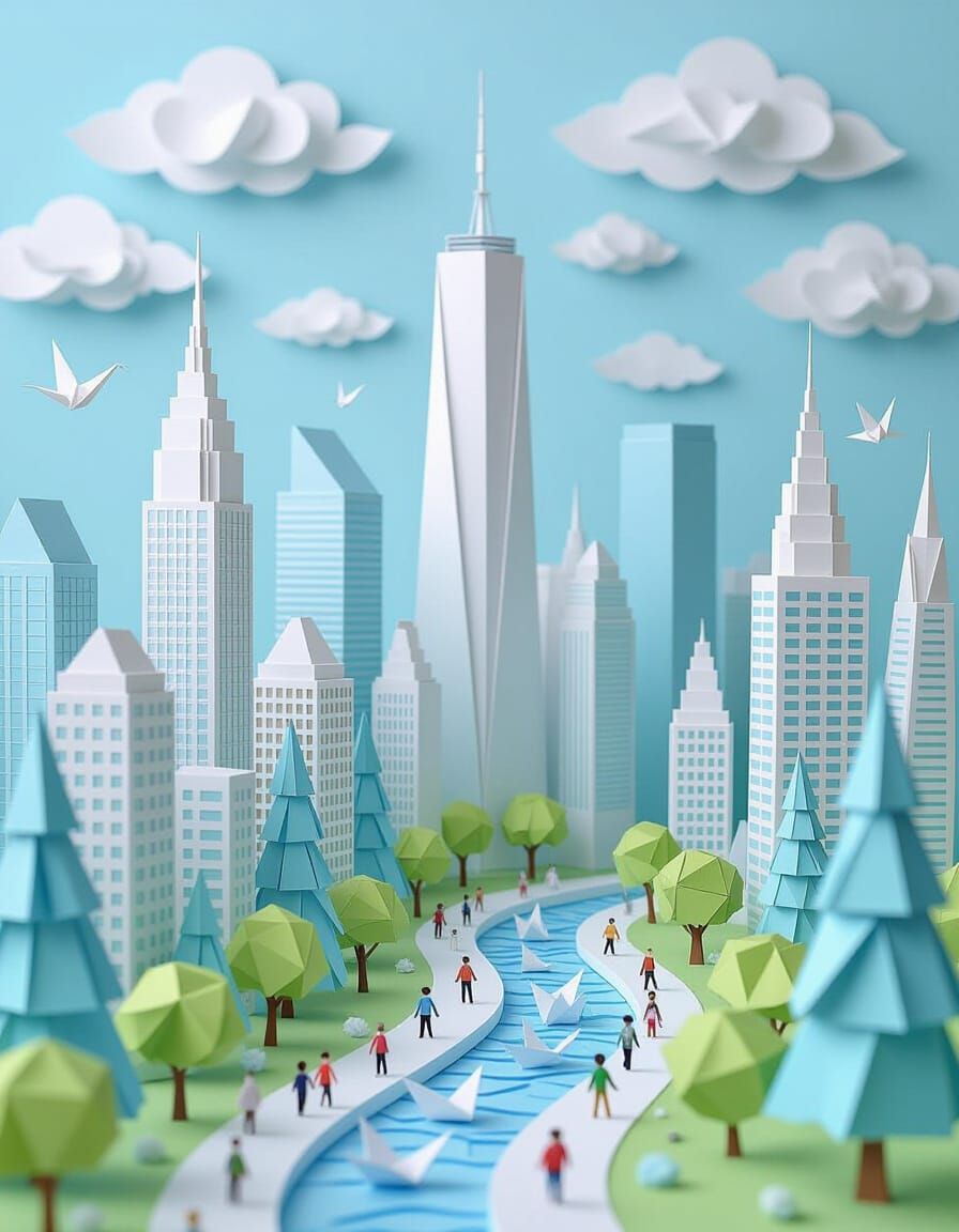 Origami Metropolis: Paper Cityscape with Crane Trees