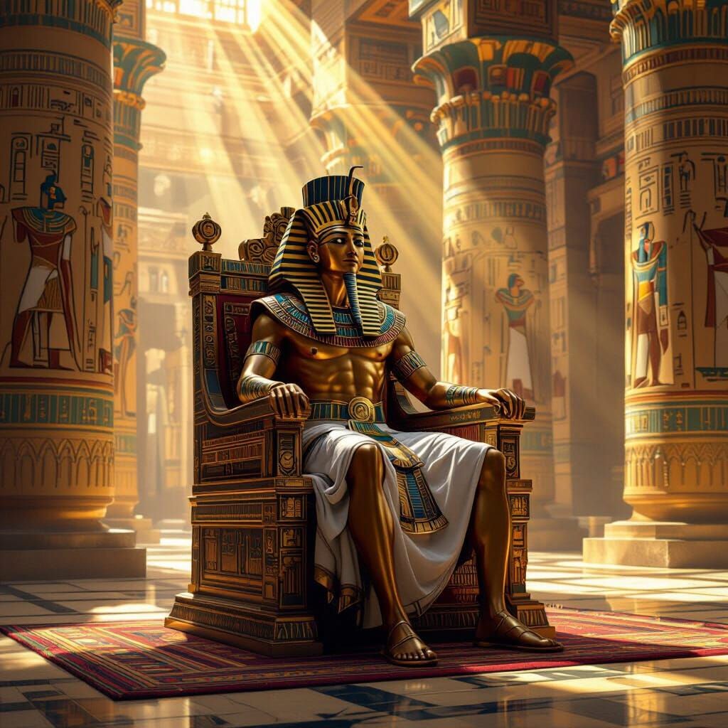 Pharaoh on Ornate Throne in Grand Egyptian Palace
