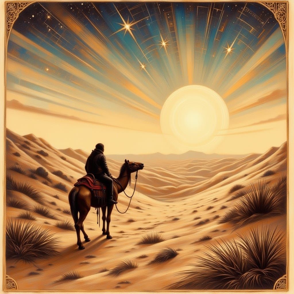 Sahara Desert Explorer at Dawn in Sketch Style