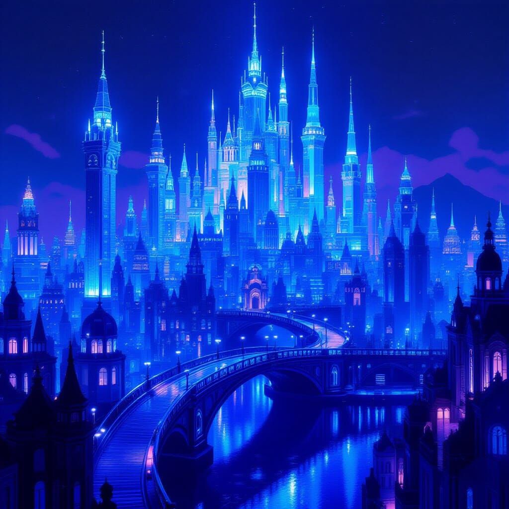 Glass Cityscape Illuminated in Blue-Purple Light