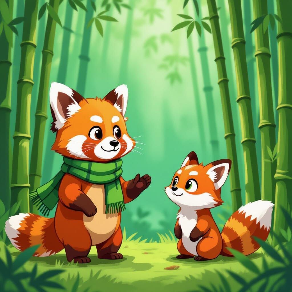 Red Panda in Bamboo Forest: 2D Cartoon Art