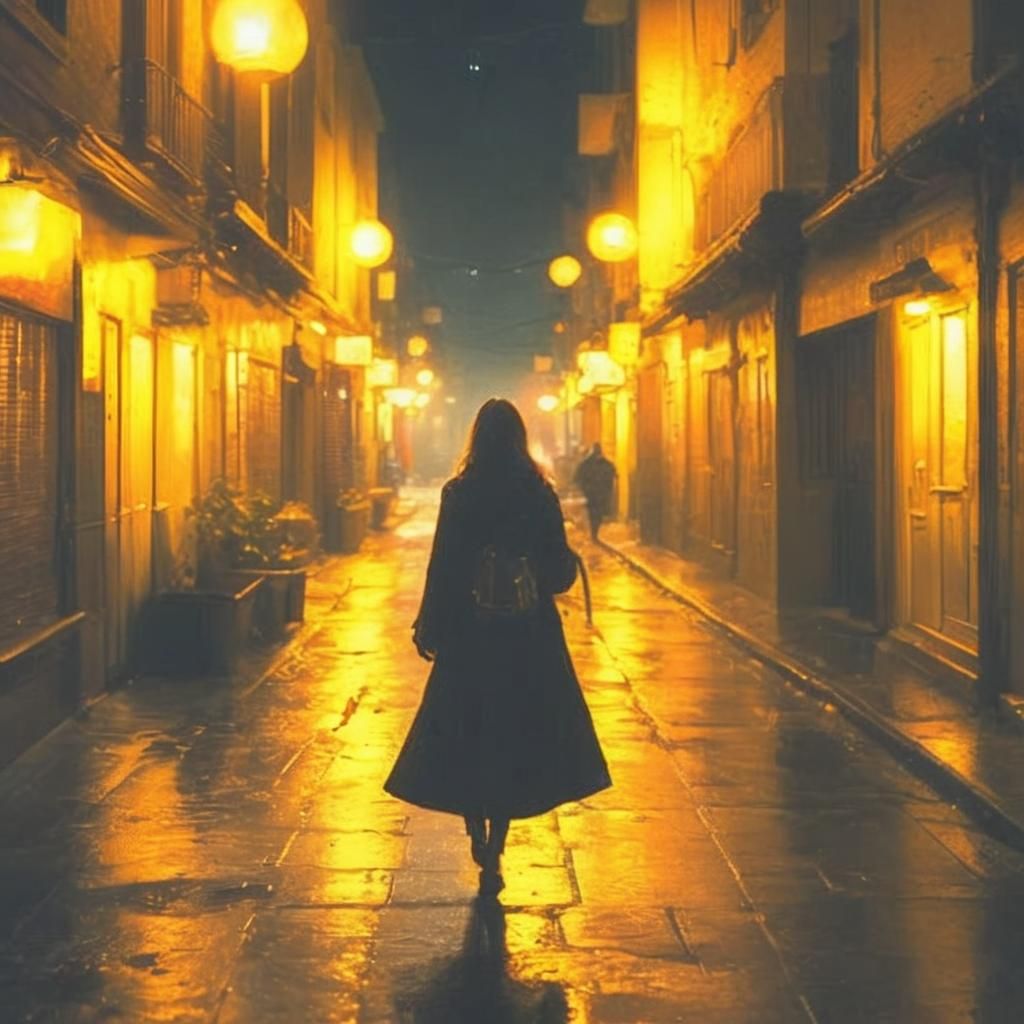 Lonely Figure in Dimly Lit Alleyway at Night