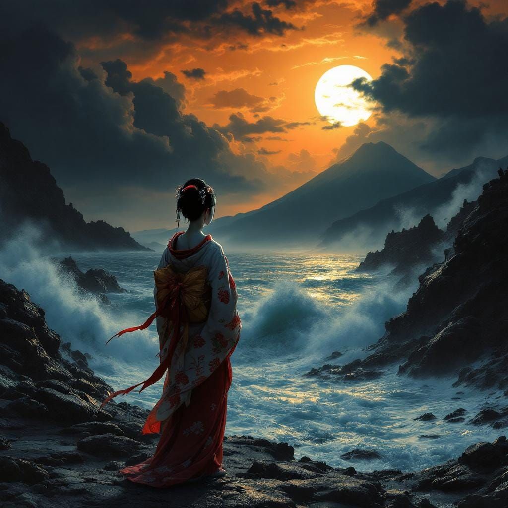 Geisha Gazing at Stormy Sunset: Atmospheric Landscape