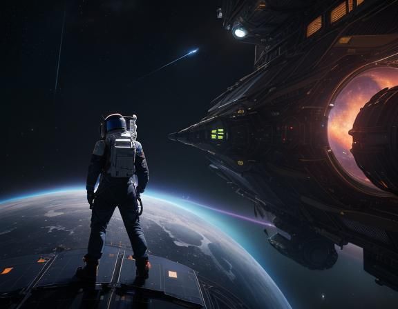 Astronaut Repairs Solar Panel in Space, Matte Painting