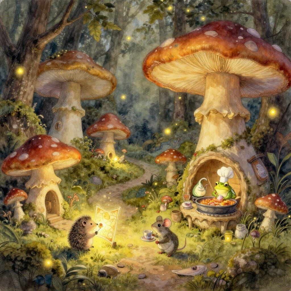 Magical Mushroom Village with Woodland Creatures Hosting Gat...