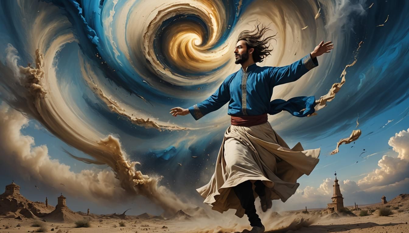 Dervish Dances with Tornado in Desert Landscape