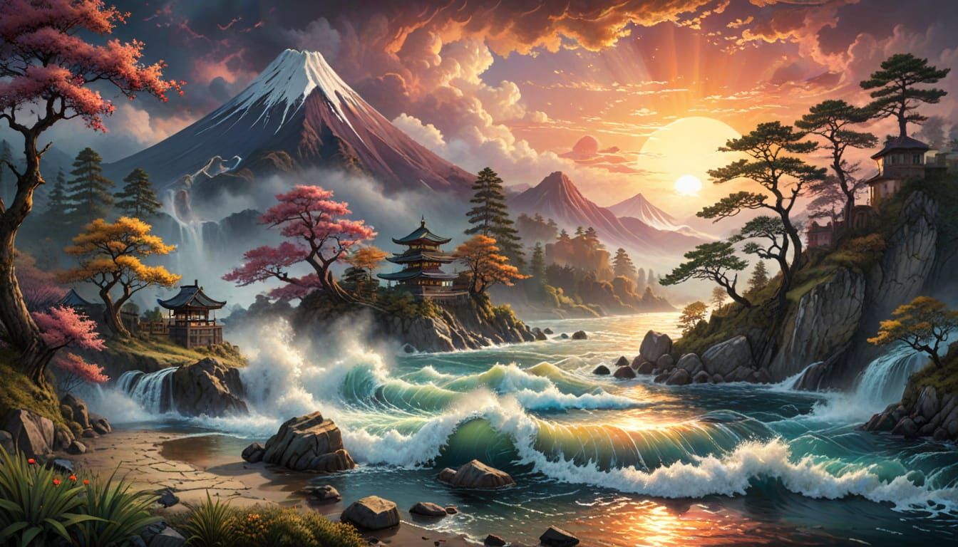 Surreal Japanese Landscape with Vibrant Rainbow and Uchikake