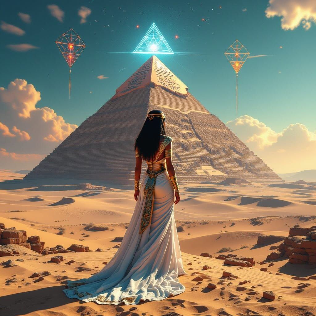 Egyptian Queen on Pyramid in Surreal Desert Landscape