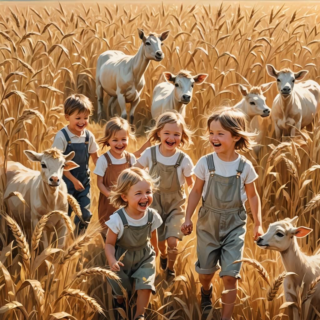 Whimsical Farm Scene in a Golden Wheat Field