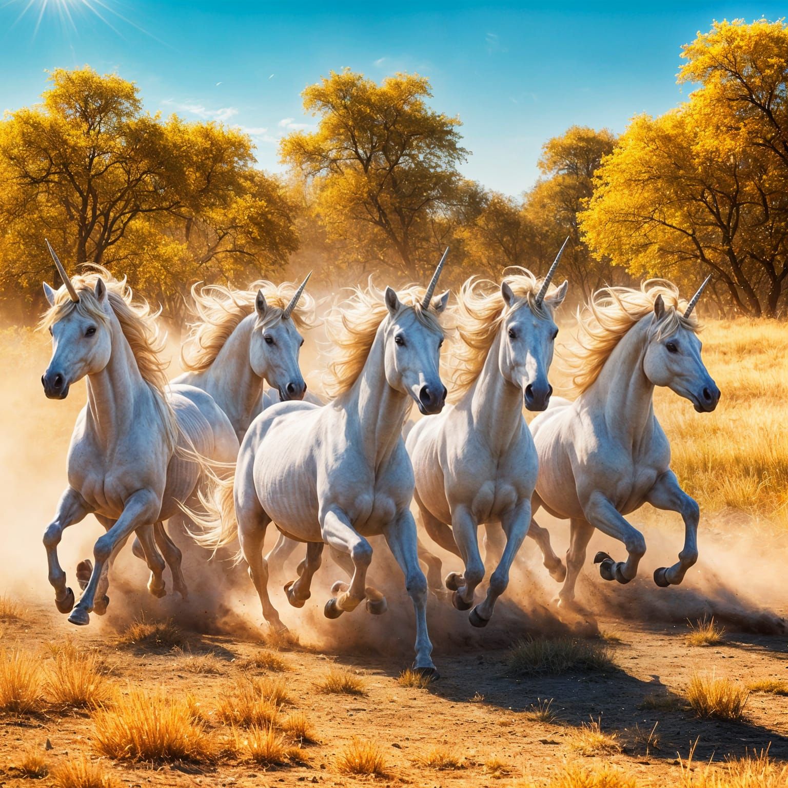 Majestic Unicorns Galloping Through Golden Fields in Vibrant...
