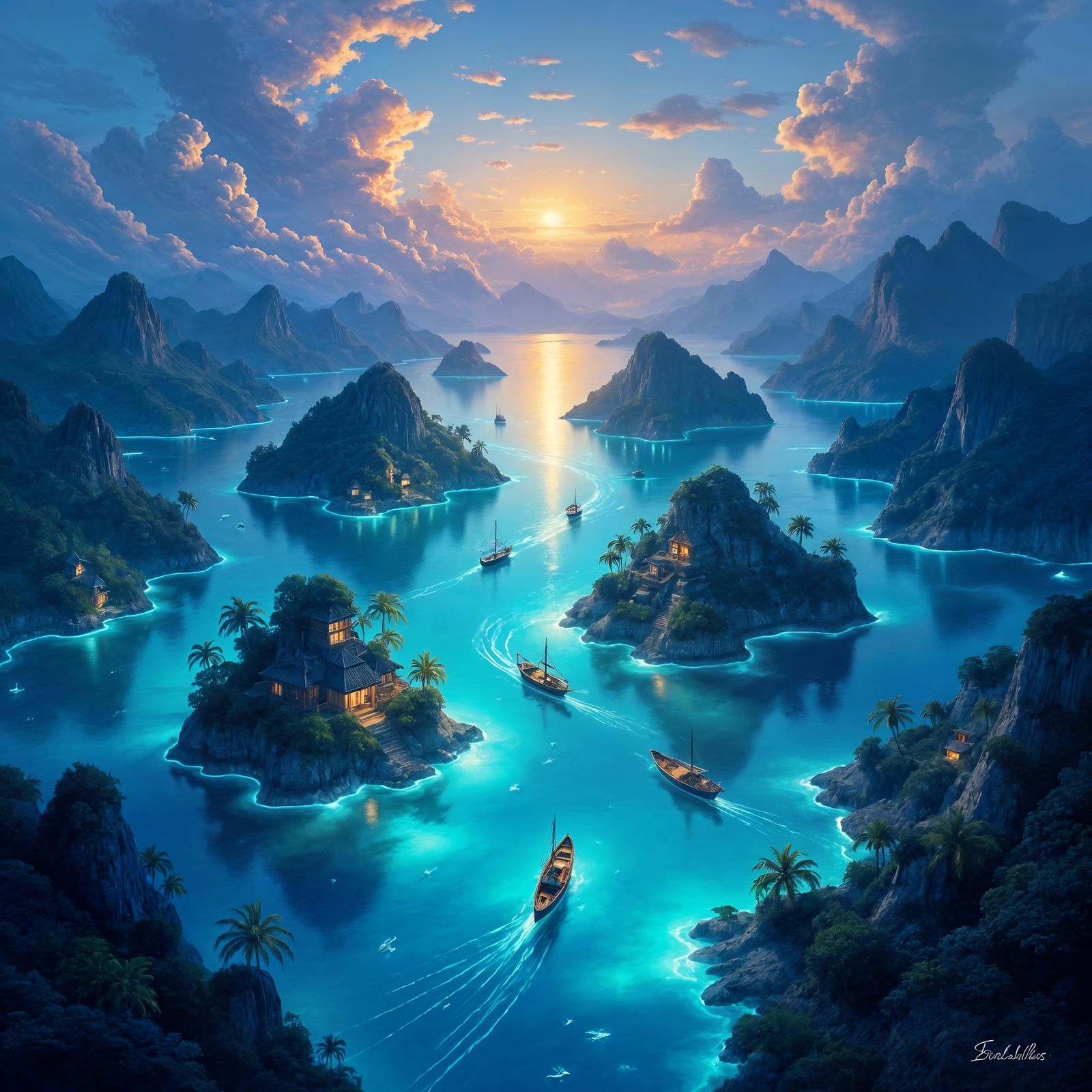 Bioluminescent Archipelago: Aerial View of Glowing Island Wa...