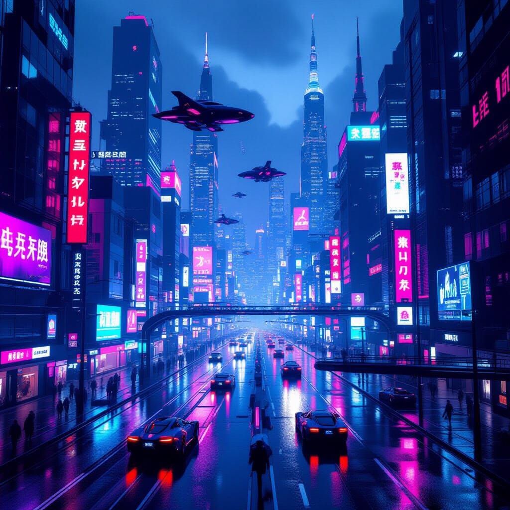 Futuristic Metropolis at Dusk with Neon Lights and Flying Ca...