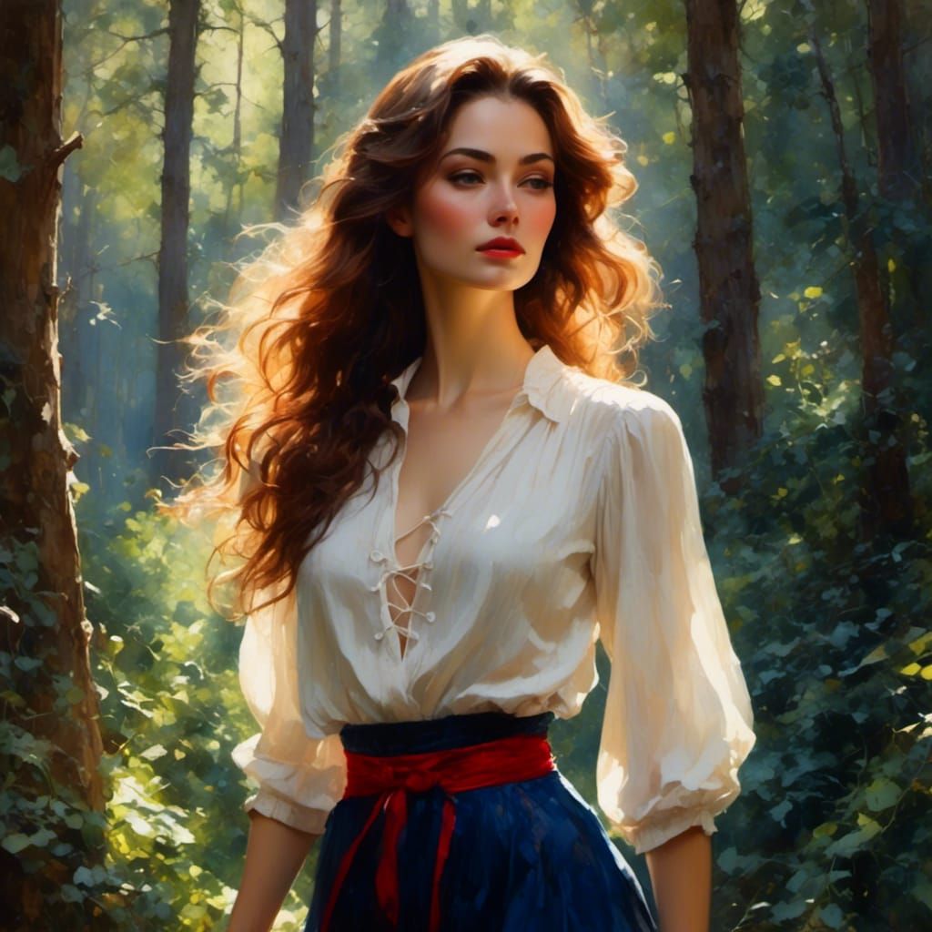 Woman in Sunlit Forest: Realistic Digital Art