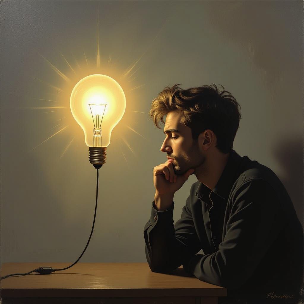 Man's Epiphany: Light Bulb Idea in Surreal Oil Painting