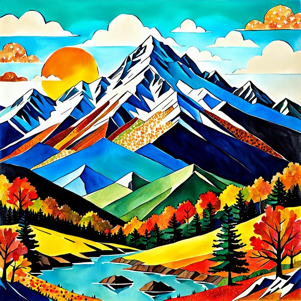 Autumn Mountain Landscape in Paper Collage Art