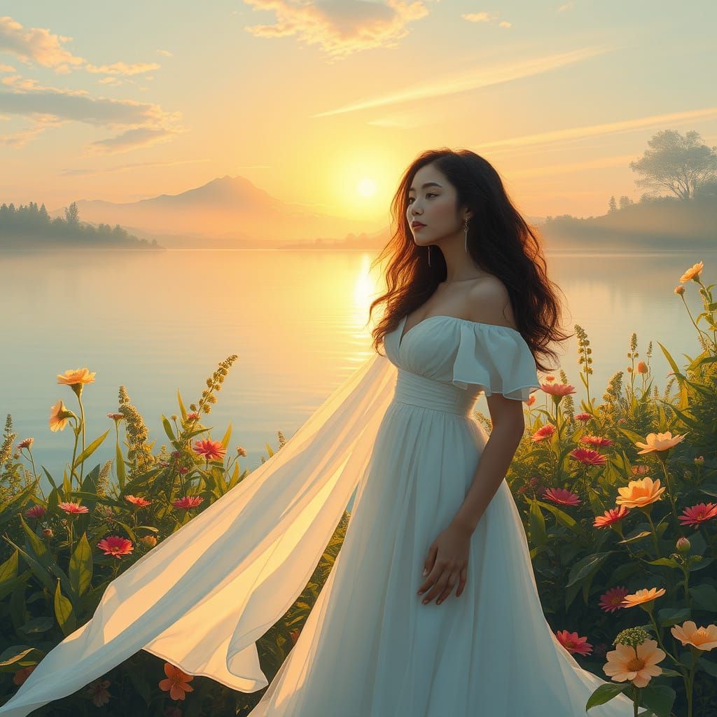 Dreamy Woman Surrounded by Lush Nature in Soft Watercolor St...