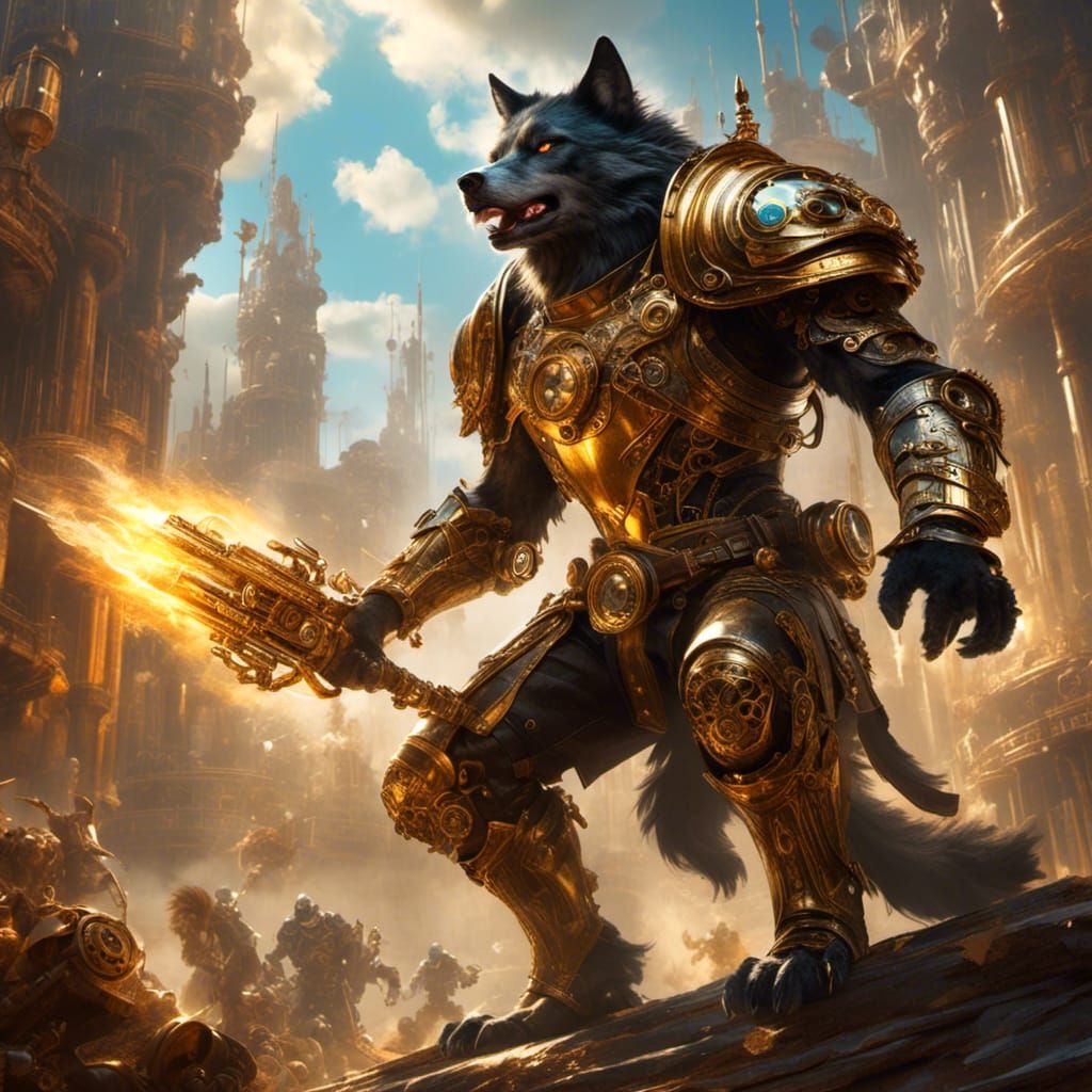 Steampunk Wolf in Gold Armor Amidst Fire