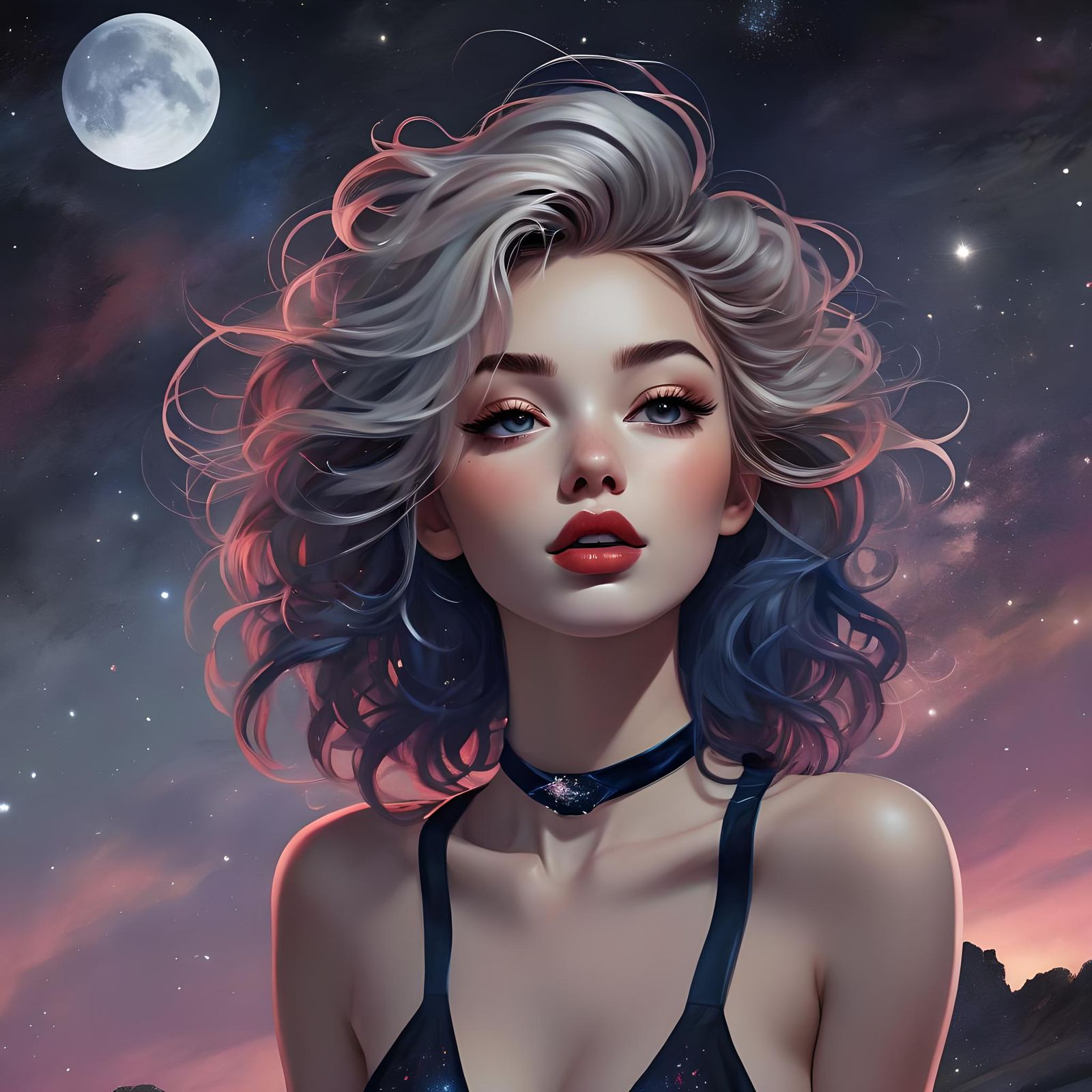 Beautiful Woman in Starry Cosmic Comic Art