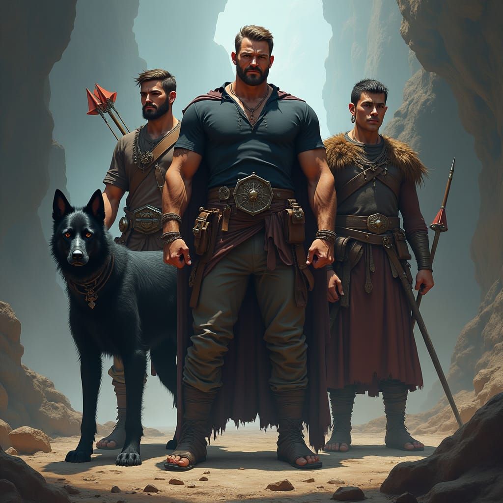 Fantasy Heroes with Dog and Magic, Detailed Matte Painting