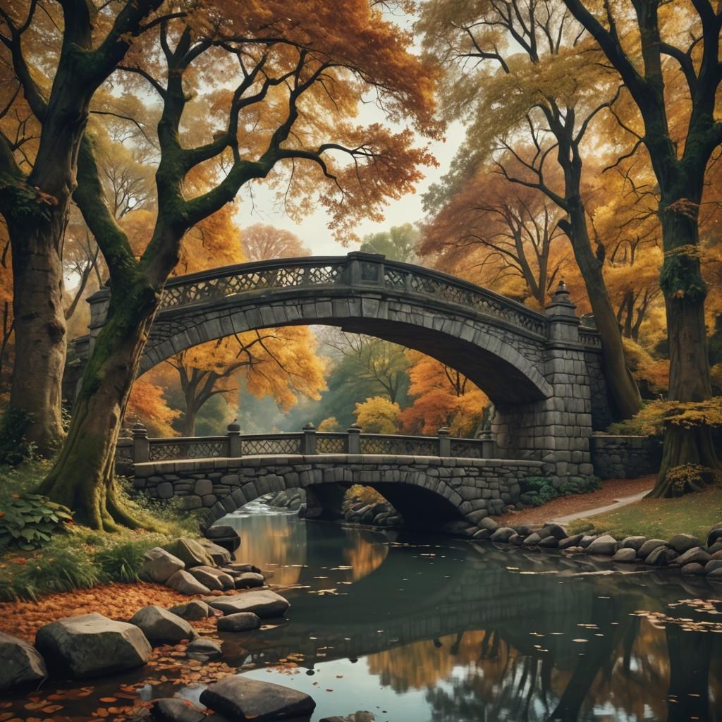 Autumn Park: Vintage Stone Bridge in Digital Painting
