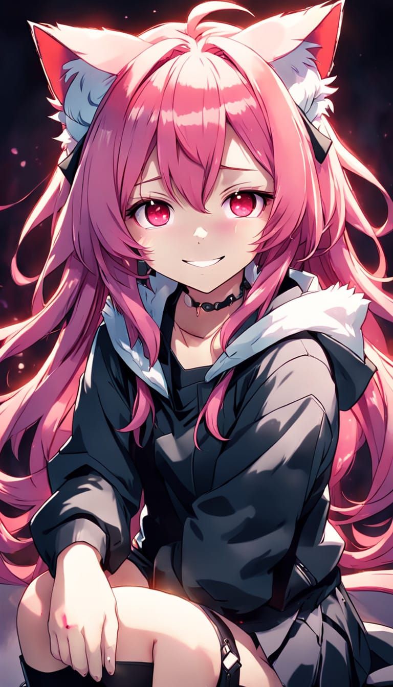 Anime Girl in Elegant Manga Style with Red Eyes and Pink Hai...