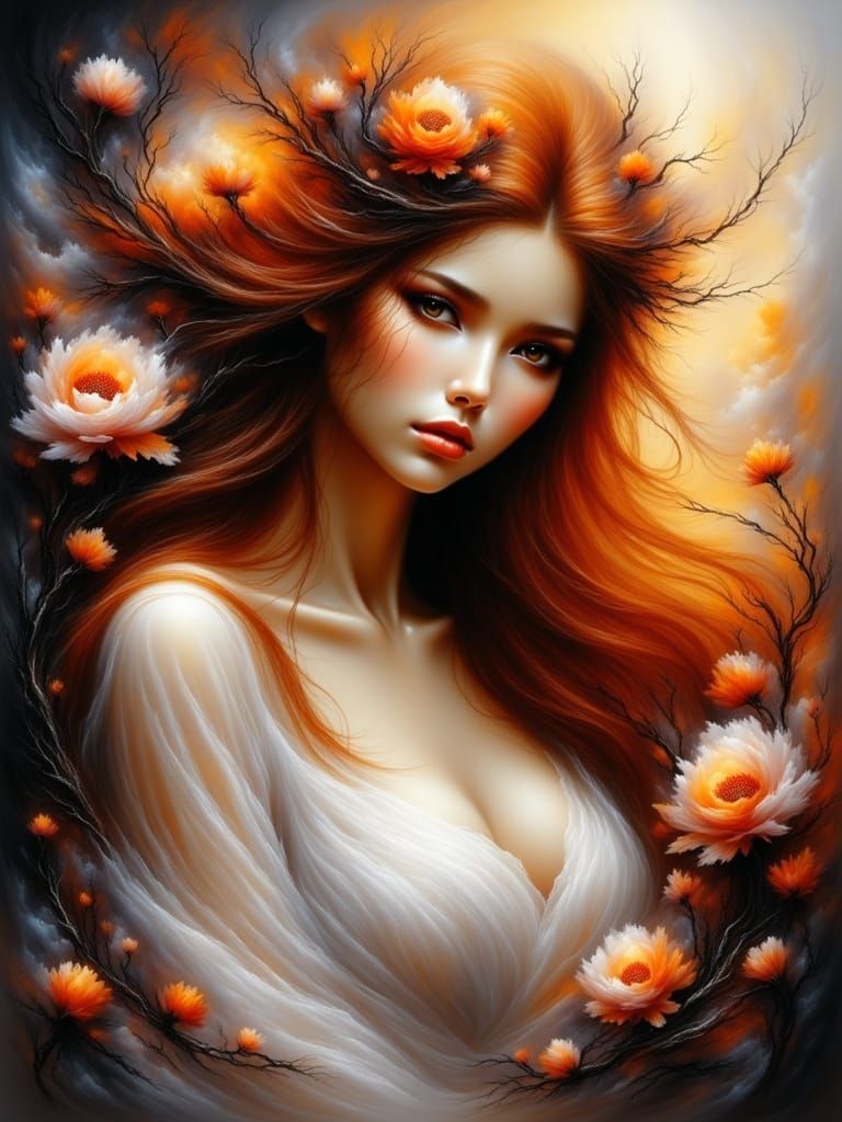 Femme Fatale in a Vibrant Garden of Dreams