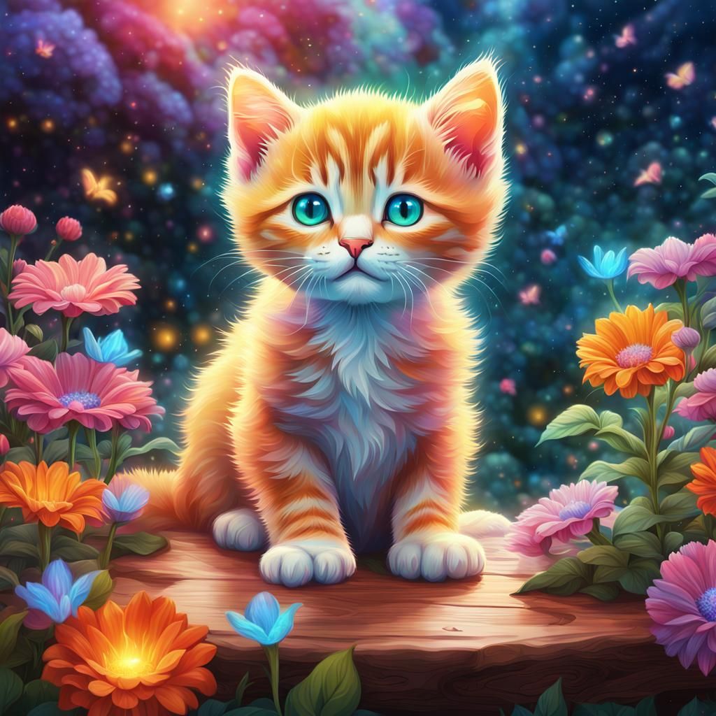Astral Kitten in Colorful Flower Garden