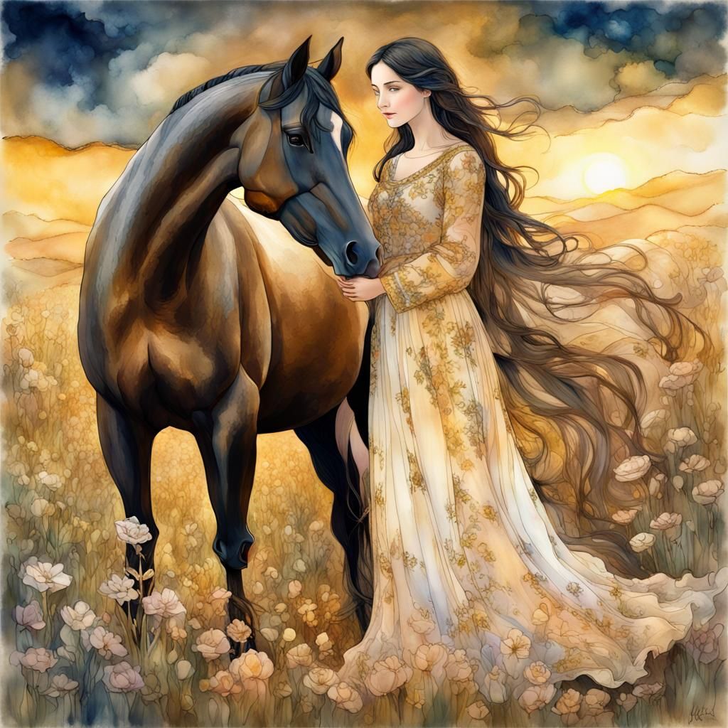 Ethereal Lady with Horse in Golden Meadow