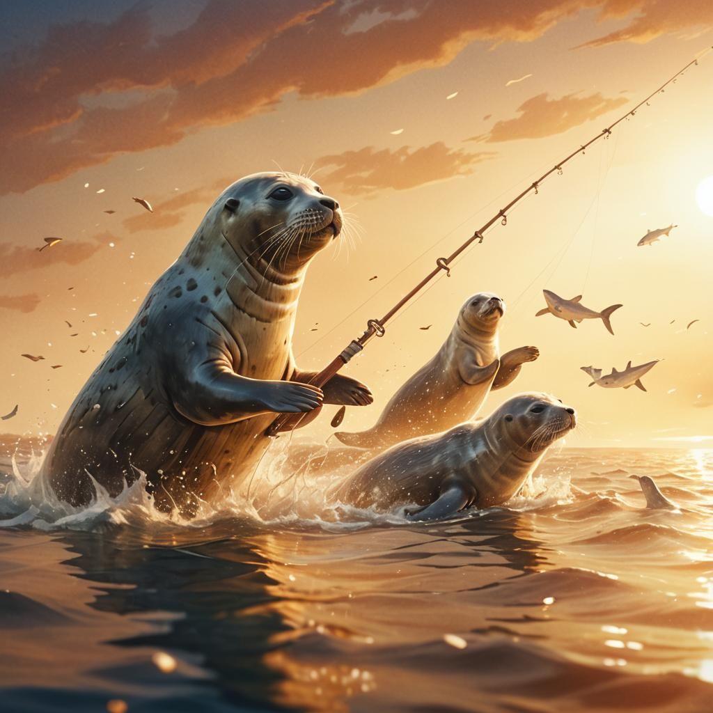 Seals Fishing on a Boat in Watercolor Style