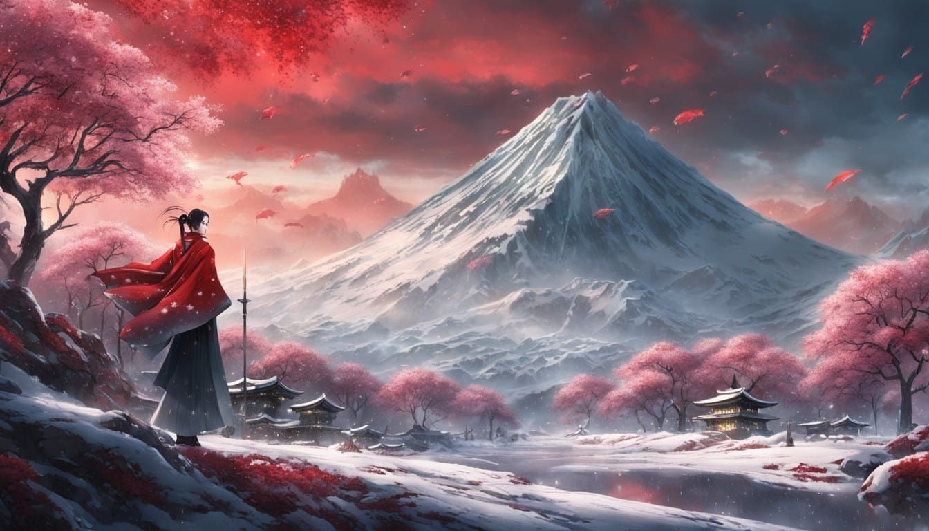 Traditional Japanese Warrioress in Winter Storm