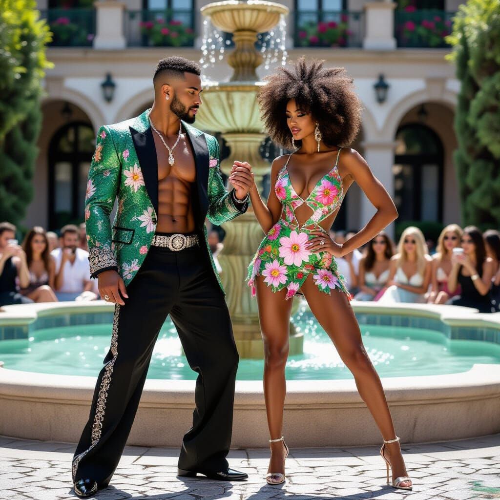 Muscular Model in Emerald Couture with Diamond Accents