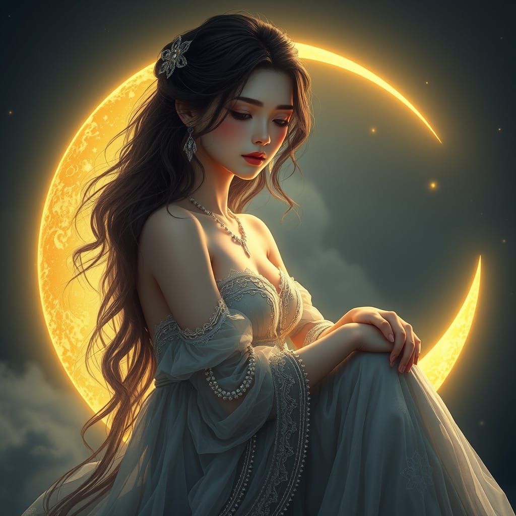 Serene Woman on Crescent Moon in Soft Yellow Light