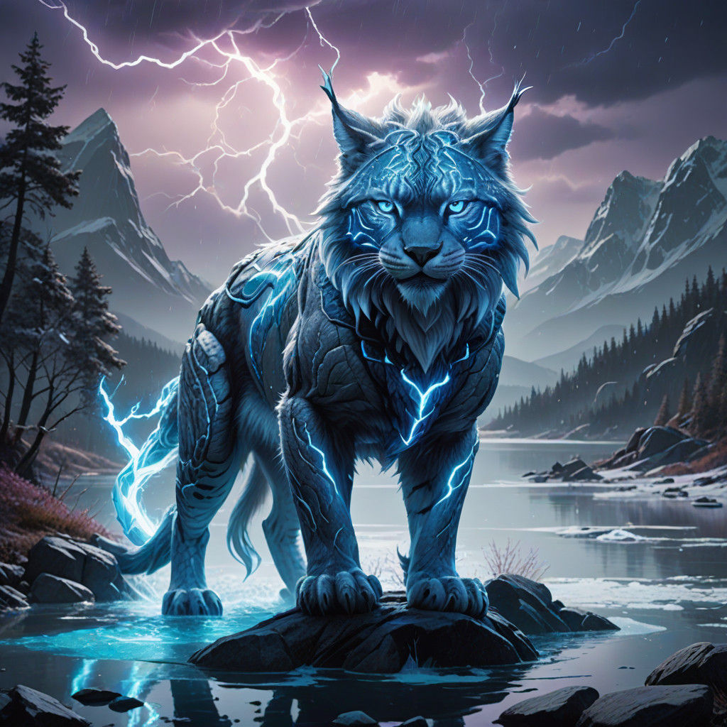 Ethereal Lynx Confronts Icy Wolf in Frosty Lakescape