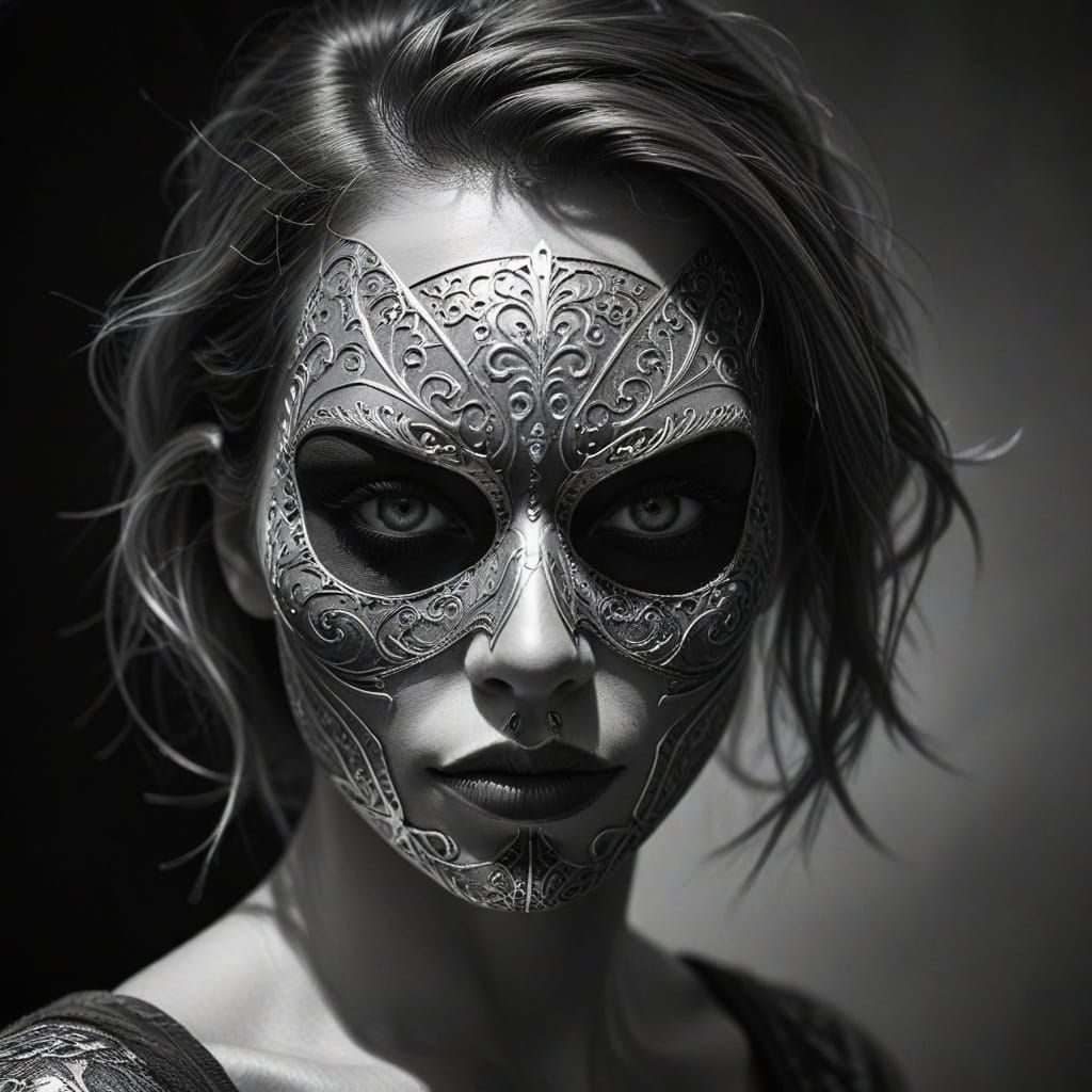 Masked Woman: Hyper-Detailed Graphite Sketch in Sin City Sty...