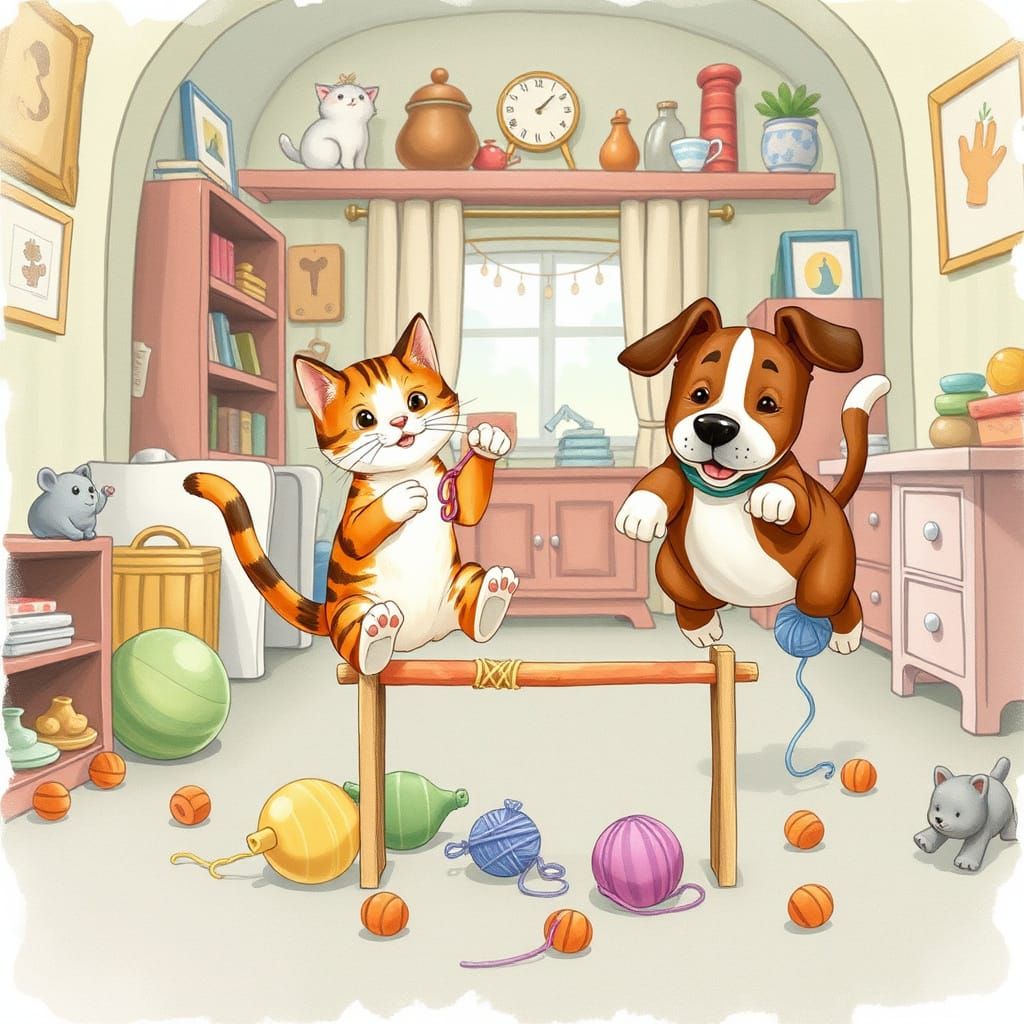 Whimsical Pet Duo in a Playful Interior