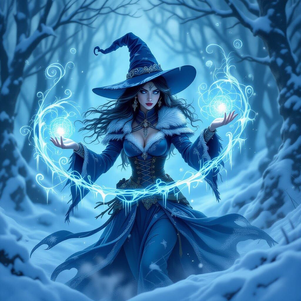 Playful Witch Weaving Ice Spells in Mystical Forest