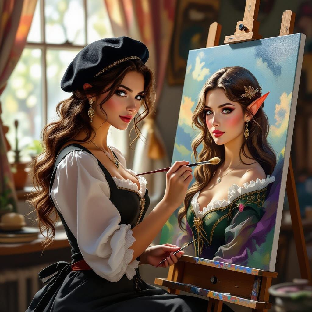 Tiefling Painter Creates Elf Portrait in Studio