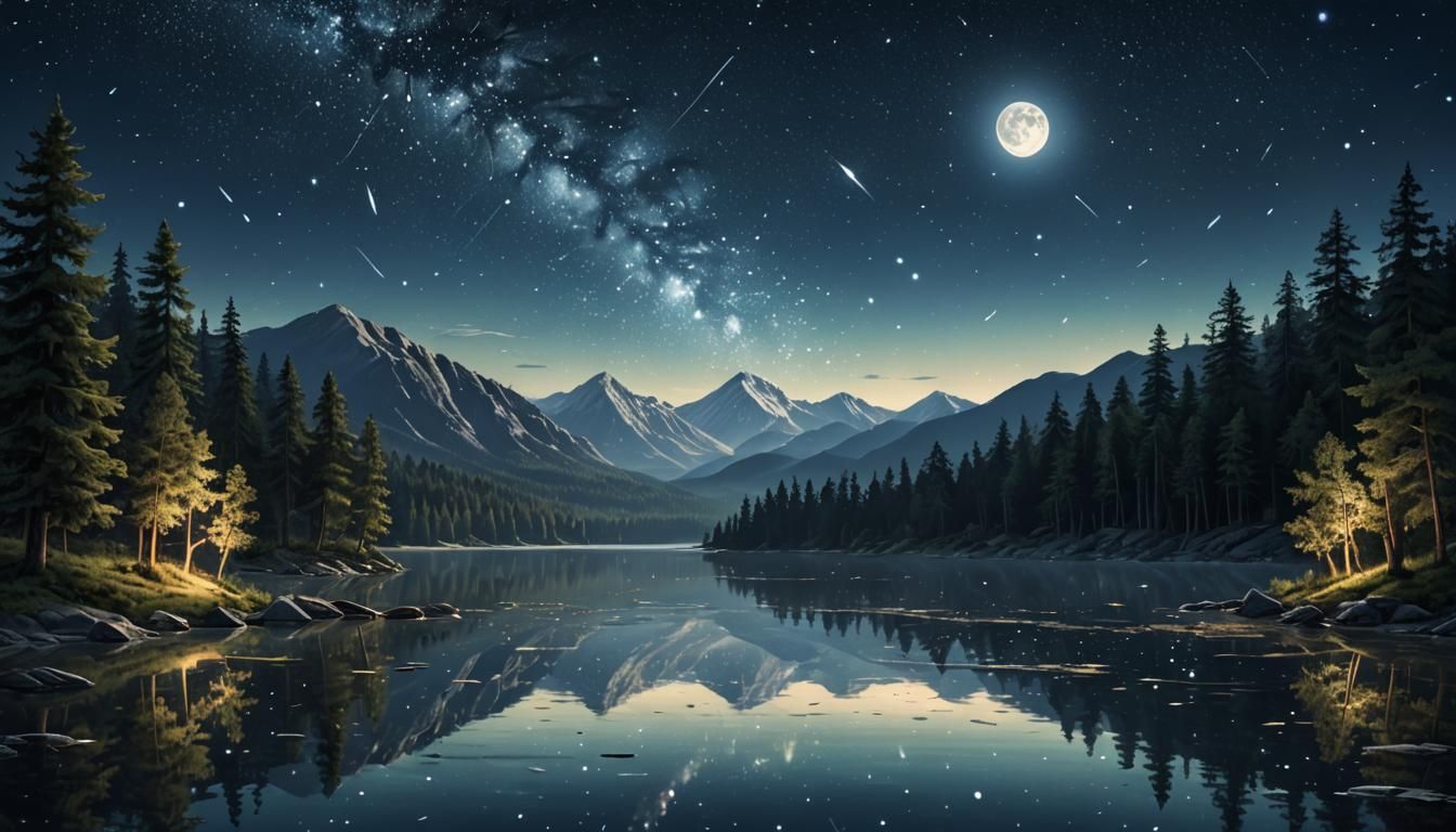 Mountain Lake at Night: Digital Art in 8K