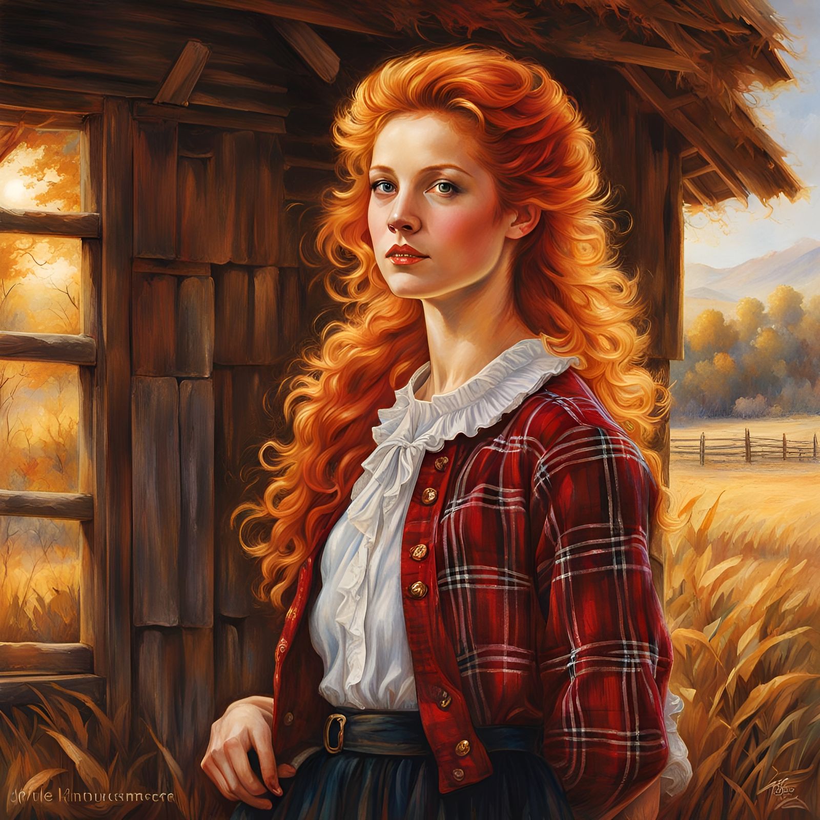 Radiant Redhead in Golden Light, Watercolor Style