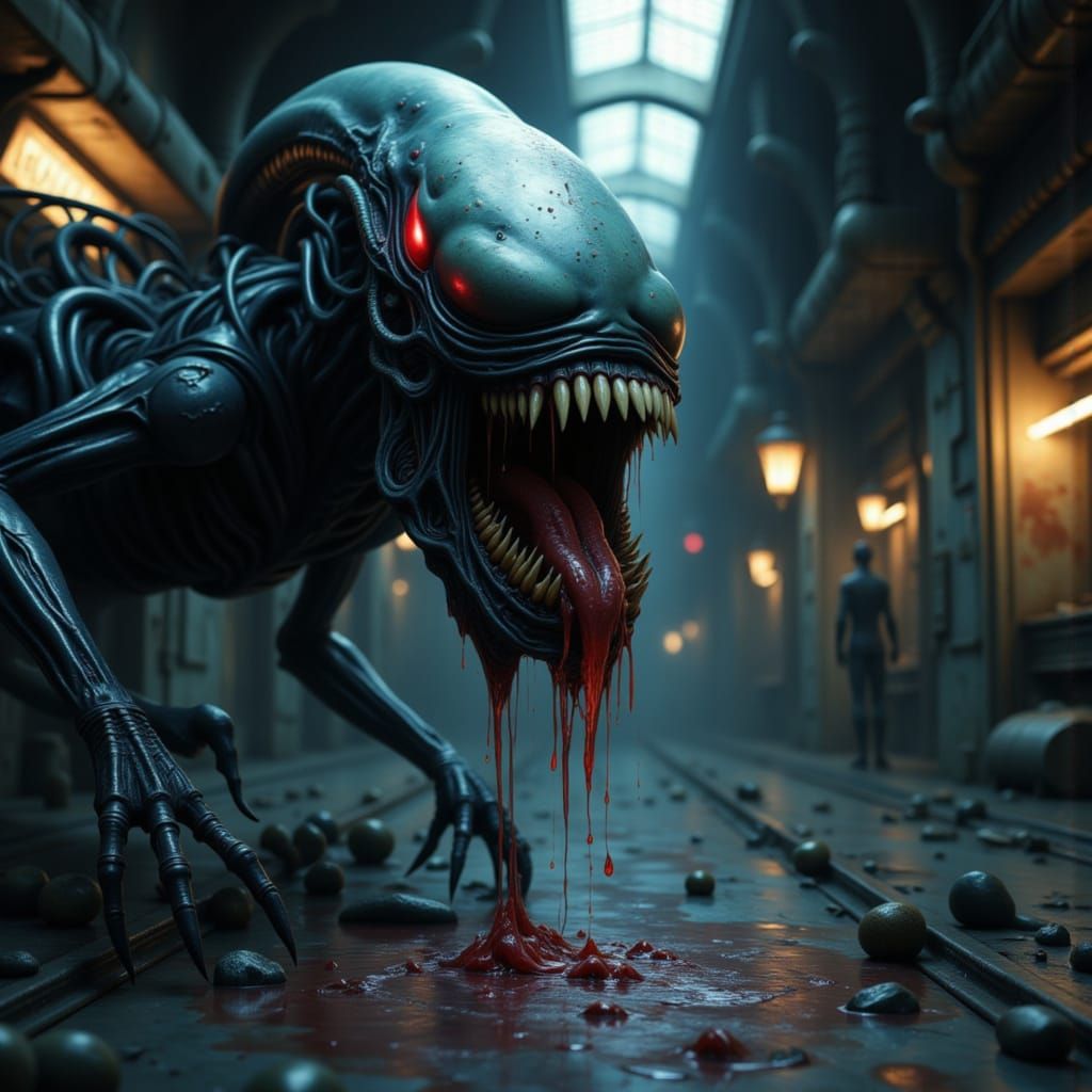 Slimy Xenomorph with Red Eyes Inside Spaceship
