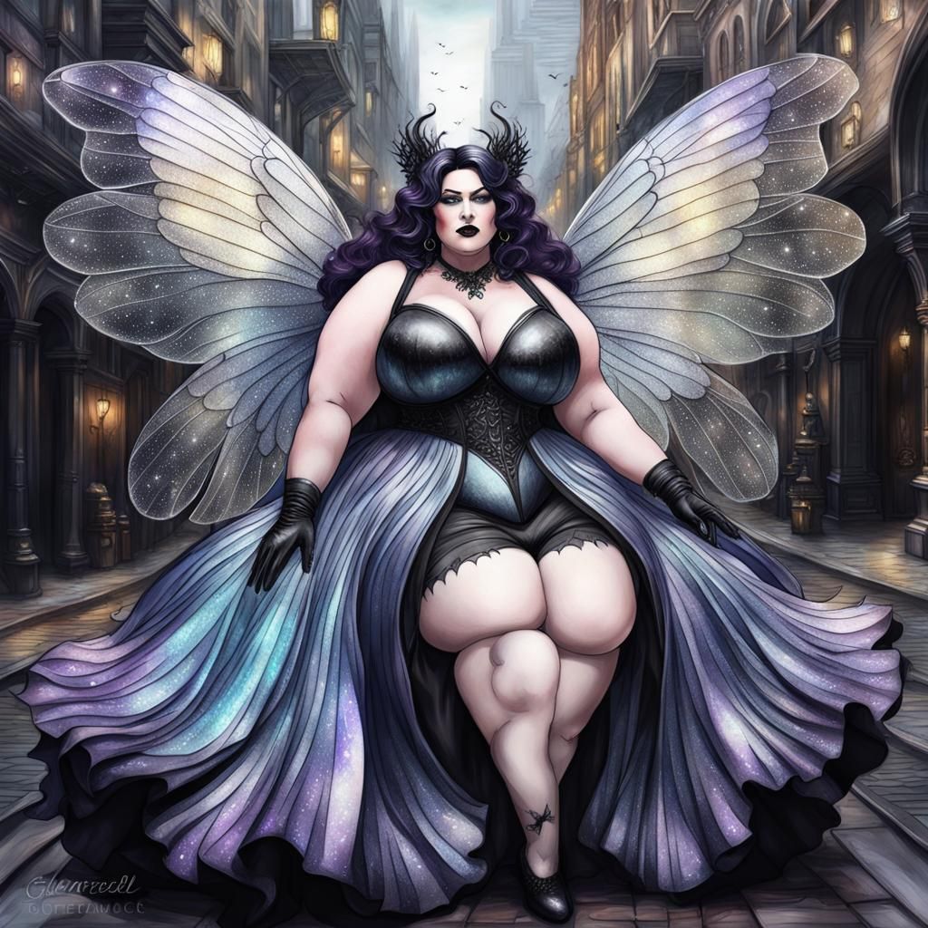 Curvy Goth Fairy in a Magical City