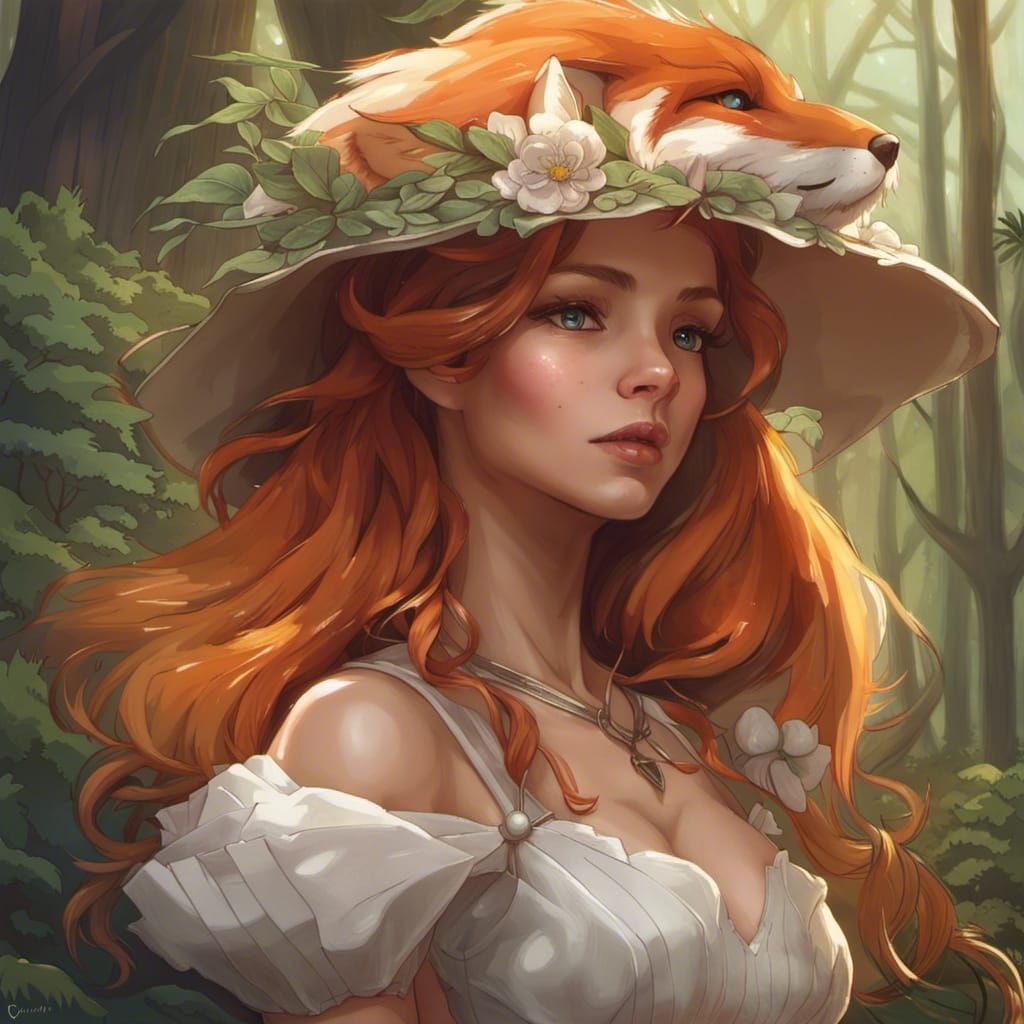 Fox-Girl Portrait in Summer Forest, Detailed Digital Art