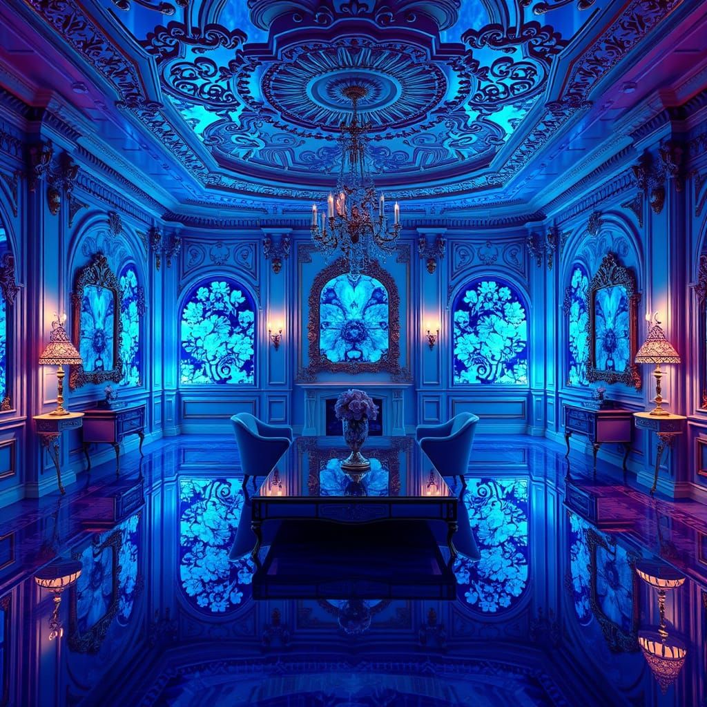 Elegant Blue Fractal Glitch Interior in Op Art Style