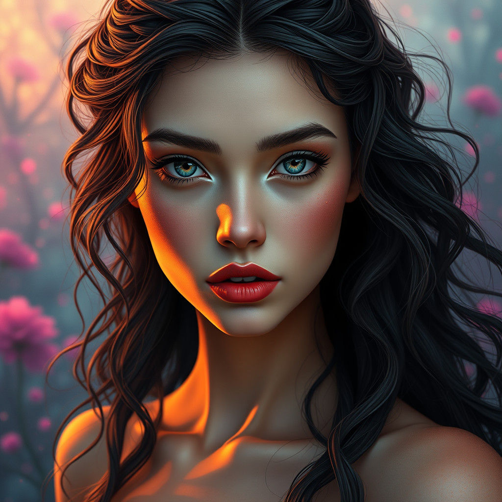 Ethereal Woman with Wavy Hair in Fantasy Art Style